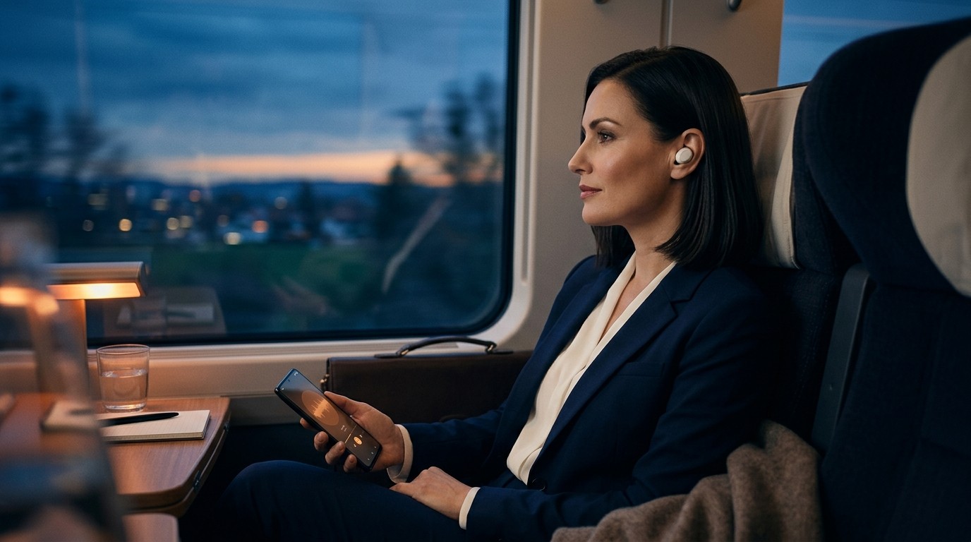 Eine Geschäftsfrau hört im Zug bei Abenddämmerung mit einem Ohrhörer Musik auf ihrem Smartphone